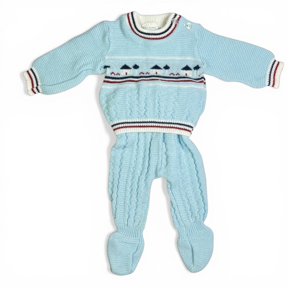 Vintage 70s Knit Baby Sweater Pants Set 0 to 6 month Acrylic Glo-Knit